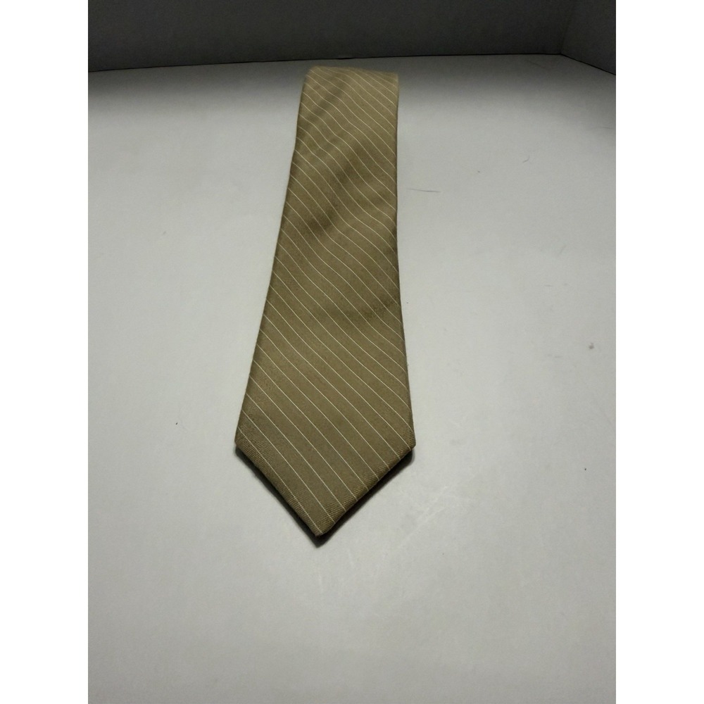 Austin Manor Mens Tan Beige Pinstripe Necktie Poly Cotton Blend Made in Port